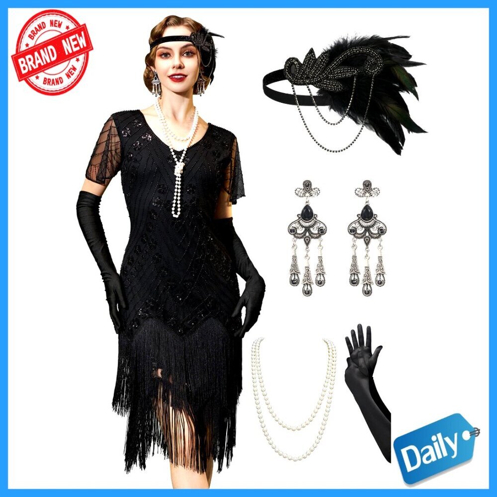 1920s Flapper Dress with Fringe, Sequin Beading, Mesh Fabric, Gatsby Costume